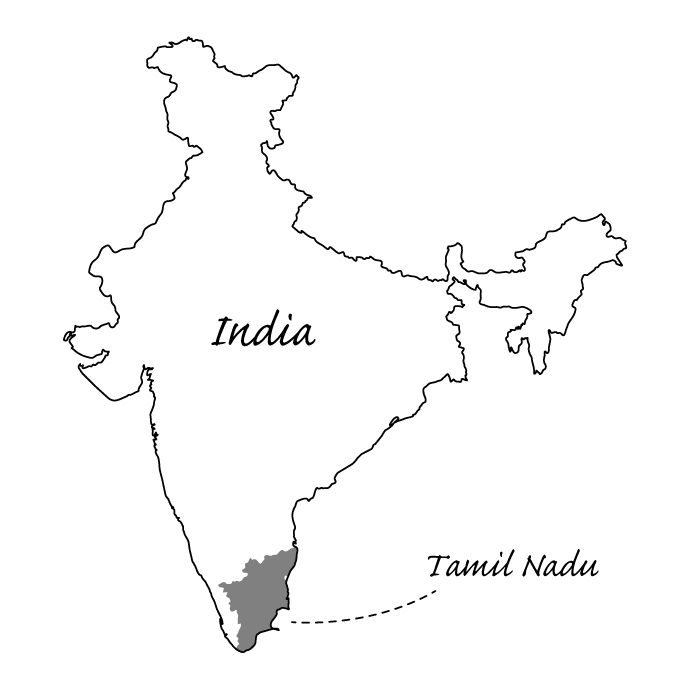 インドの最南端に位置するタミールナドゥ（Tamil Nadu）州の地図