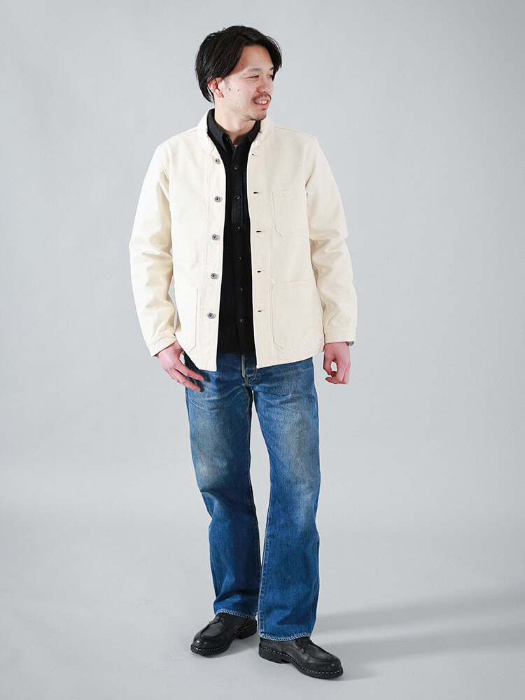 MOMOTARO JEANS Style book 03-169/ウォータープルーフキャンバス USNカバーオールなど 着用画像